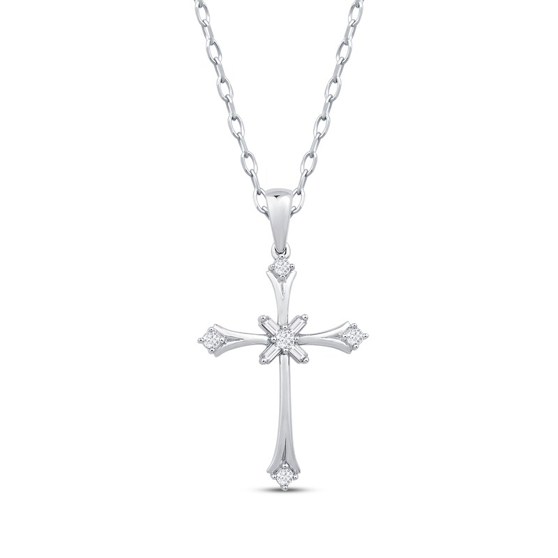 Main Image 1 of Baguette & Round-Cut Diamond Flared Cross Necklace 1/5 ct tw 10K White Gold 18"