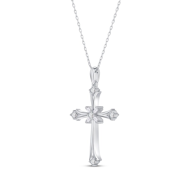 Main Image 2 of Baguette & Round-Cut Diamond Flared Cross Necklace 1/5 ct tw 10K White Gold 18"