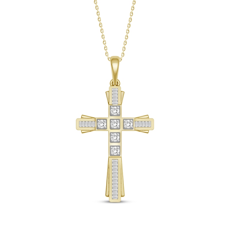 Main Image 1 of Baguette & Round-Cut Diamond Cross Necklace 1/3 ct tw 10K Yellow Gold 18"