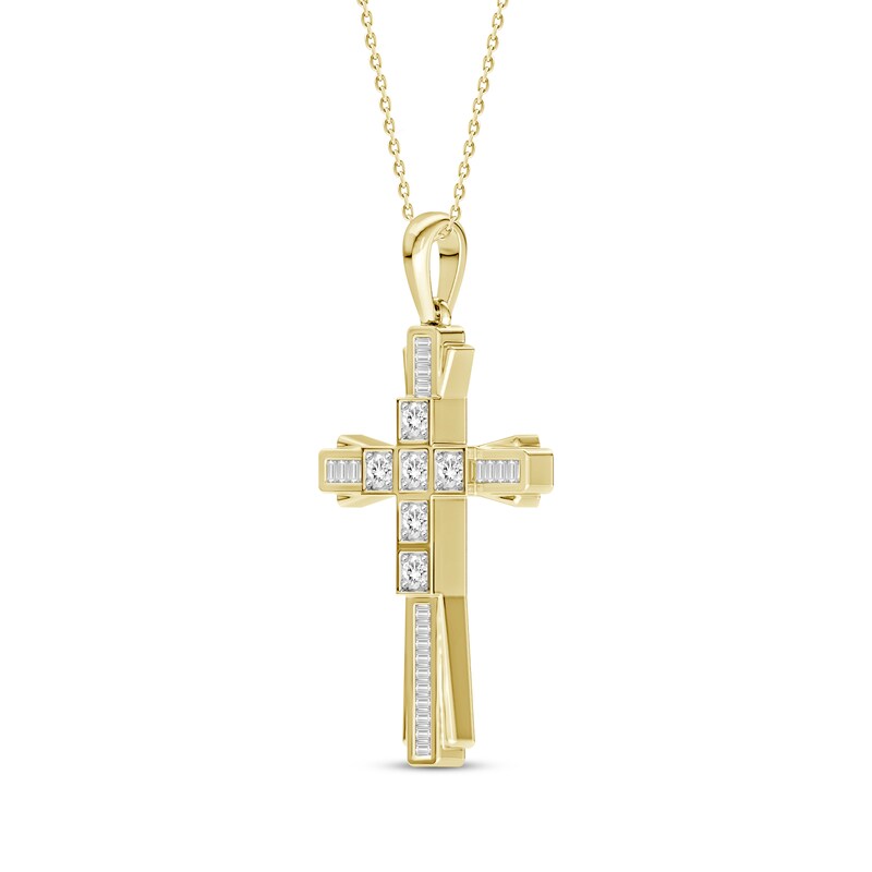 Main Image 2 of Baguette & Round-Cut Diamond Cross Necklace 1/3 ct tw 10K Yellow Gold 18"