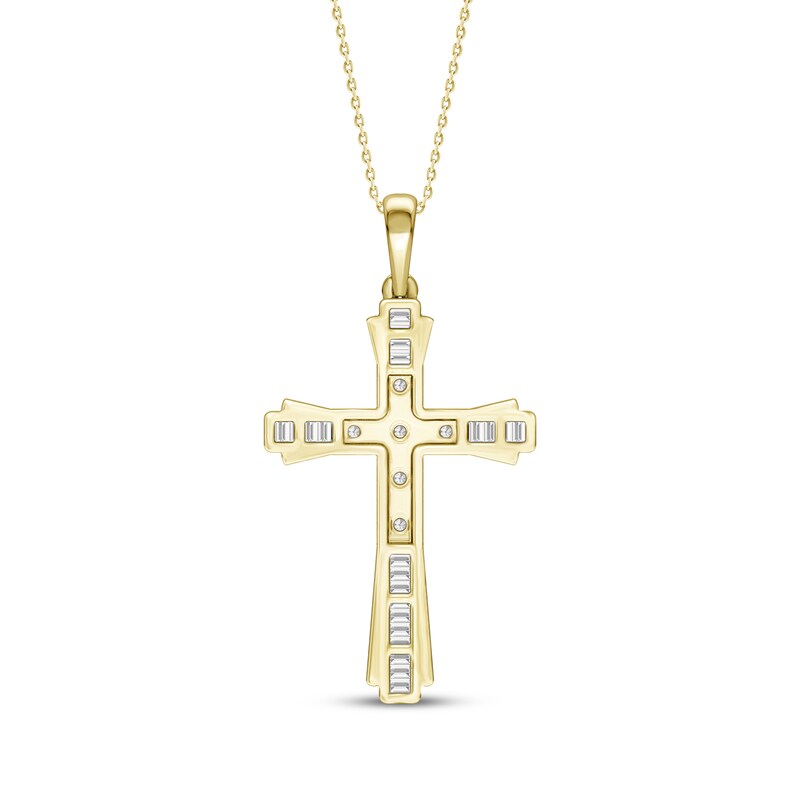 Main Image 4 of Baguette & Round-Cut Diamond Cross Necklace 1/3 ct tw 10K Yellow Gold 18"