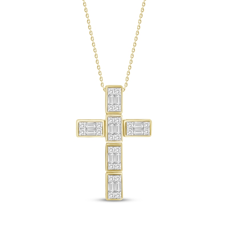 Main Image 1 of Baguette & Round-Cut Diamond Grid Cross Necklace 1/2 ct tw 10K Yellow Gold 18"