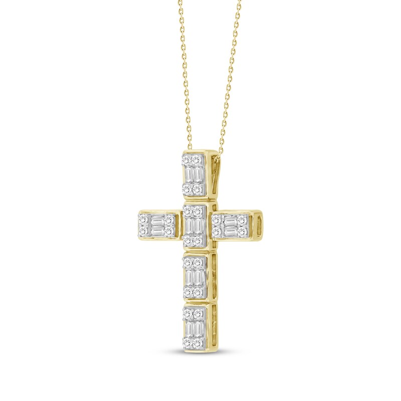 Main Image 2 of Baguette & Round-Cut Diamond Grid Cross Necklace 1/2 ct tw 10K Yellow Gold 18"
