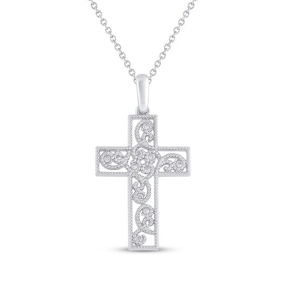 Diamond Filigree Cross Necklace 1/20 ct tw 10K White Gold 18"