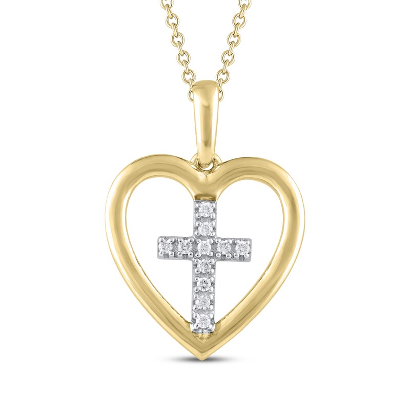 Main Image 1 of Diamond Heart Cross Necklace 1/20 ct tw 10K Yellow Gold 18"