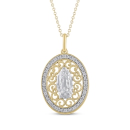 Diamond Our Lady of Guadalupe Oval Filigree Necklace 1/20 ct tw 10K Two-Tone Gold 18"