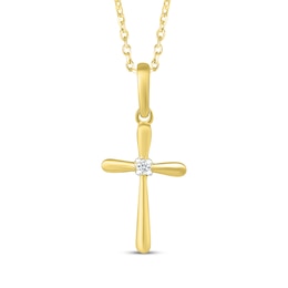 Diamond Accent Solitaire Puffed Cross Necklace 10K Yellow Gold 18"