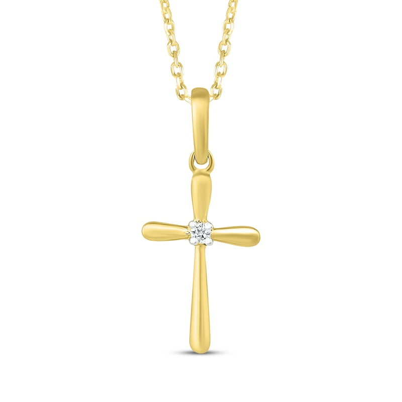 Main Image 1 of Diamond Accent Solitaire Puffed Cross Necklace 10K Yellow Gold 18"