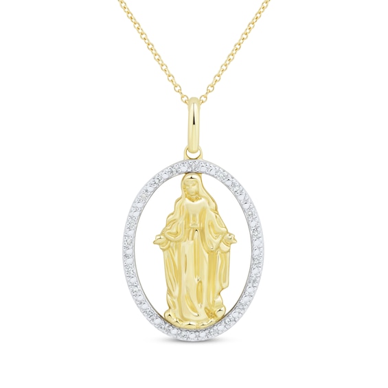 Diamond Mother Mary Oval Necklace 1/10 ct tw 10K Yellow Gold 18"