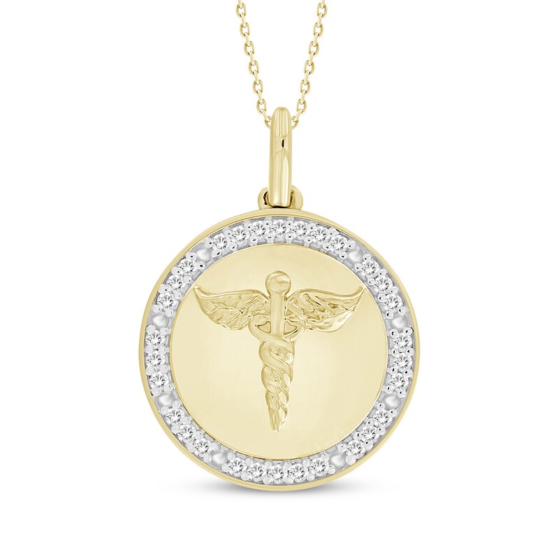 Main Image 1 of Diamond Caduceus Disc Necklace 1/8 ct tw 10K Yellow Gold 18"