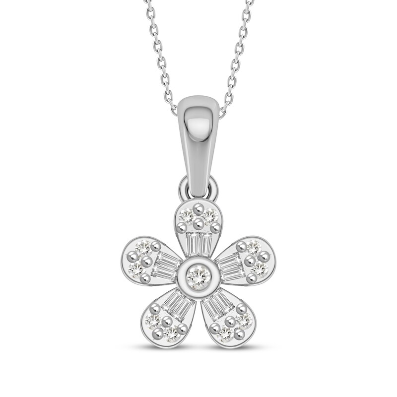 Main Image 1 of Baguette & Round-Cut Diamond Flower Necklace 1/5 ct tw 10K White Gold 18"