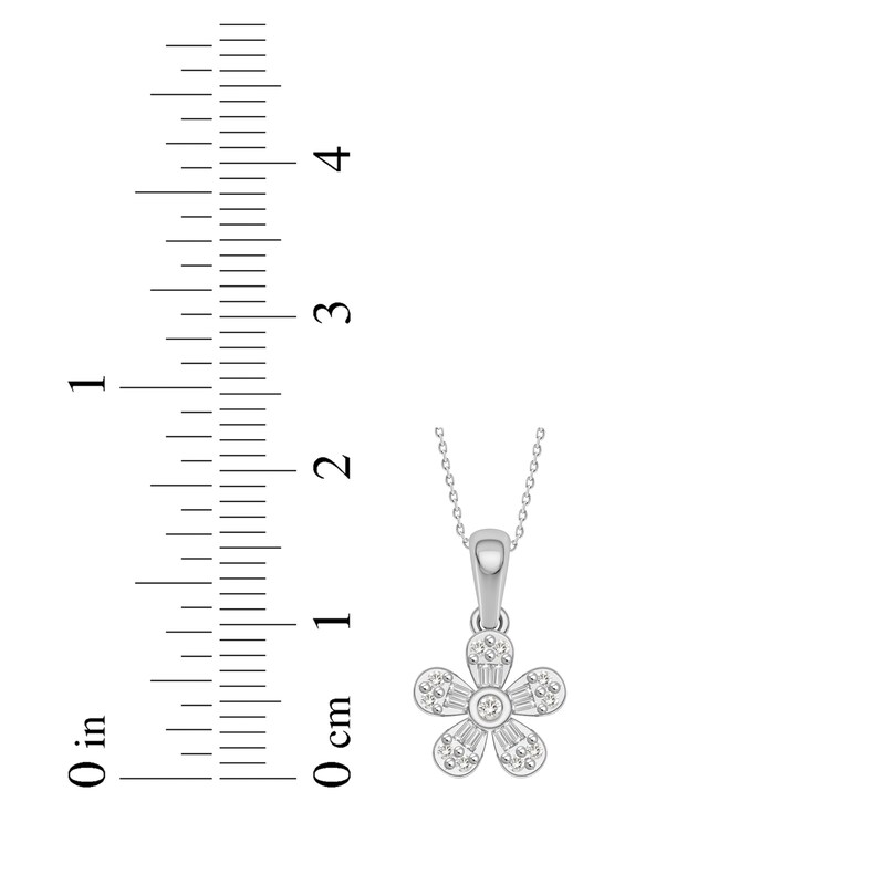 Main Image 3 of Baguette & Round-Cut Diamond Flower Necklace 1/5 ct tw 10K White Gold 18"