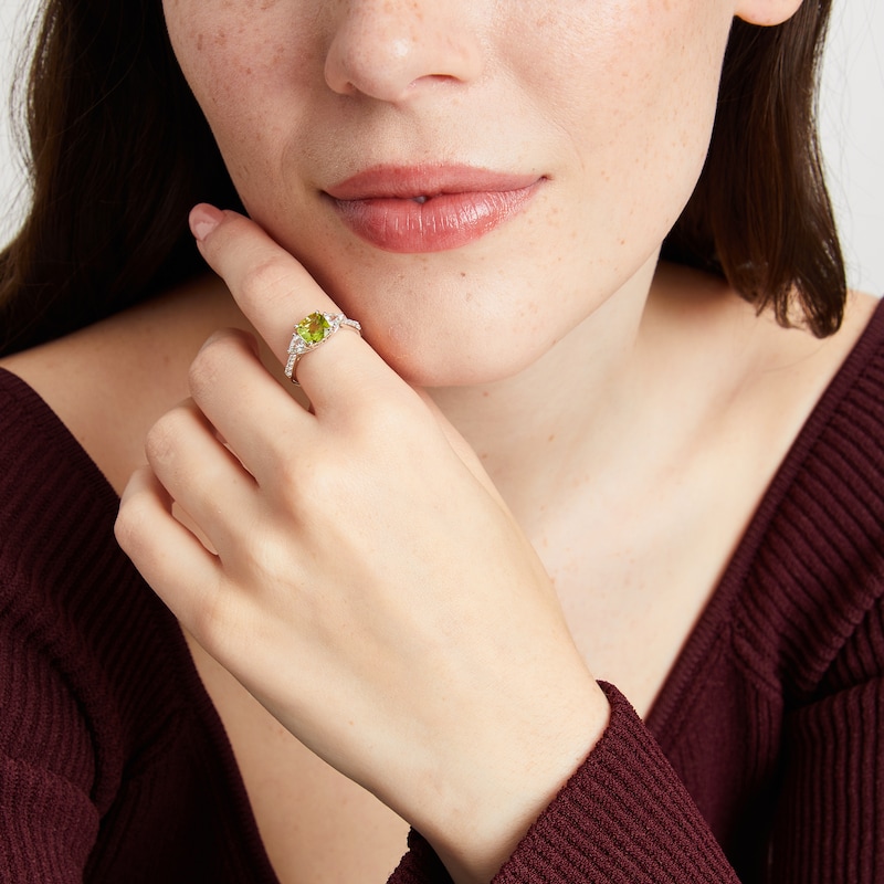 Main Image 3 of Cushion-Cut Peridot & White Lab-Created Sapphire Ring Sterling Silver