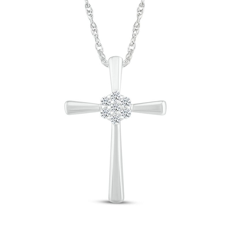 Main Image 1 of Multi-Diamond Center Cross Necklace 1/10 ct tw 10K White Gold 18"