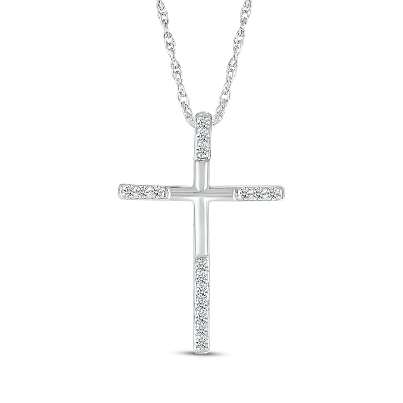 Main Image 1 of Diamond-Tipped Cross Necklace 1/8 ct tw 10K White Gold 18"
