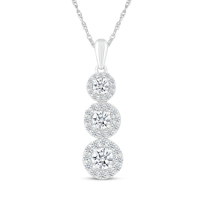 Main Image 1 of Diamond Three-Stone Halo Drop Necklace 1 ct tw 10K White Gold 18"