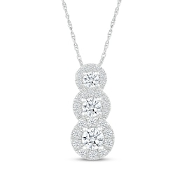 Diamond Graduated Three-Stone Halo Necklace 1/2 ct tw 10K White Gold 18"