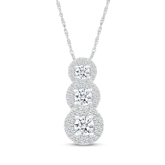 Diamond Graduated Three-Stone Halo Necklace 1/2 ct tw 10K White Gold 18"