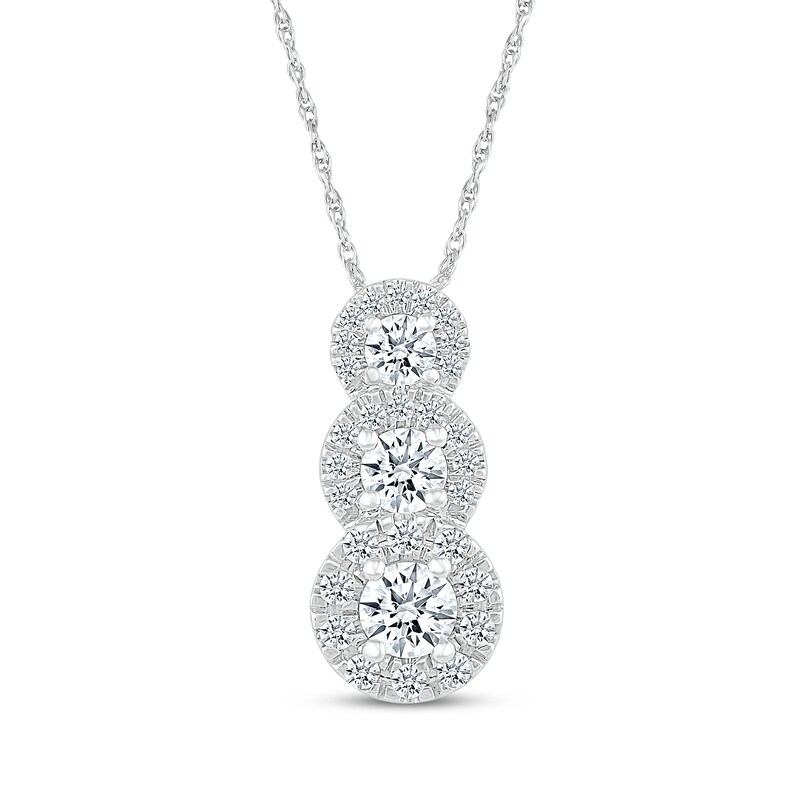 Main Image 1 of Diamond Graduated Three-Stone Halo Necklace 1/2 ct tw 10K White Gold 18"