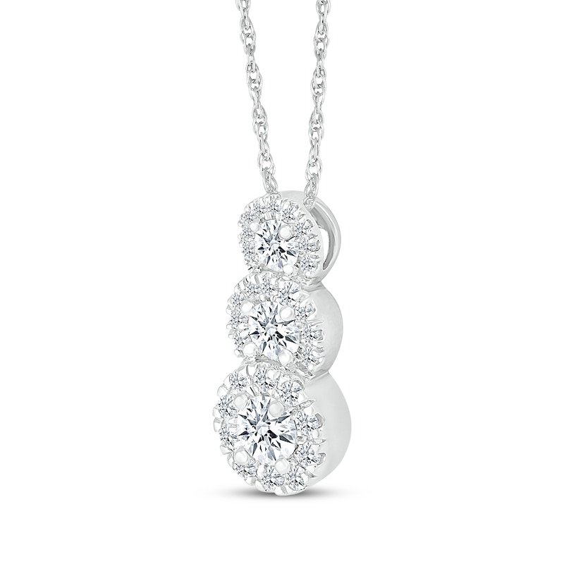 Main Image 2 of Diamond Graduated Three-Stone Halo Necklace 1/2 ct tw 10K White Gold 18"
