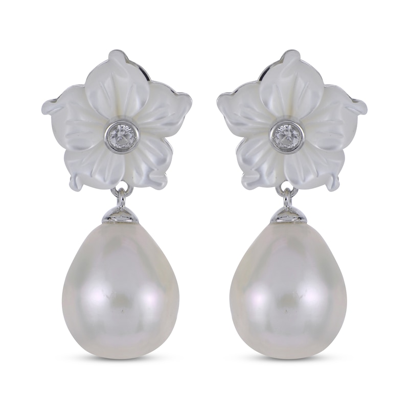 Main Image 2 of Cultured Pearl, White Lab-Created Sapphire & Mother-of-Pearl Dangle Earrings Sterling Silver