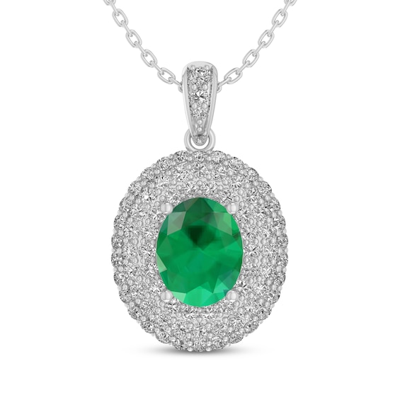 Oval-Cut Lab-Created Emerald & White Lab-Created Sapphire Halo Necklace Sterling Silver 18"