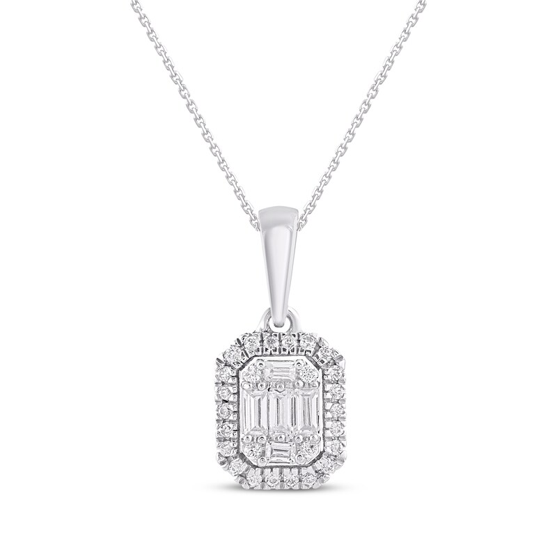 Main Image 1 of Baguette & Round-Cut Multi-Diamond Octagon Frame Necklace 1/6 ct tw 10K White Gold 18"
