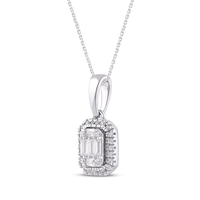 Main Image 2 of Baguette & Round-Cut Multi-Diamond Octagon Frame Necklace 1/6 ct tw 10K White Gold 18"
