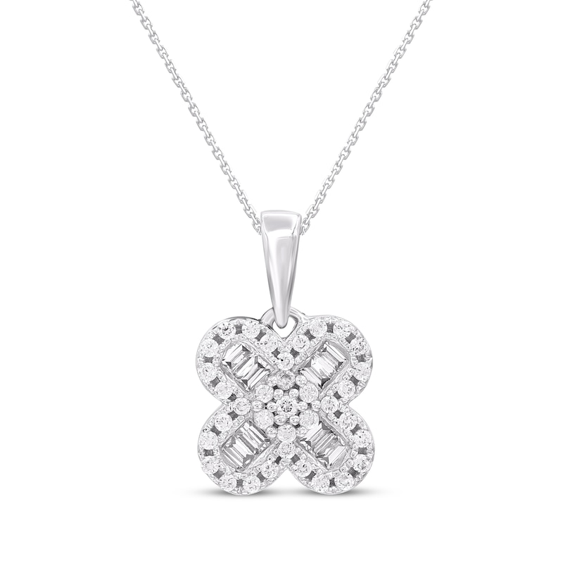 Main Image 1 of Baguette & Round-Cut Diamond Clover Necklace 1/6 ct tw 10K White Gold 18"