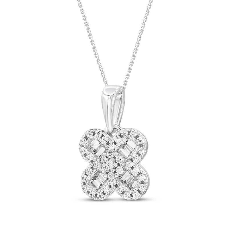 Main Image 2 of Baguette & Round-Cut Diamond Clover Necklace 1/6 ct tw 10K White Gold 18"