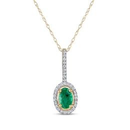Oval-Cut Natural Emerald & Diamond Halo Drop Necklace 1/10 ct tw 10K Yellow Gold 18"