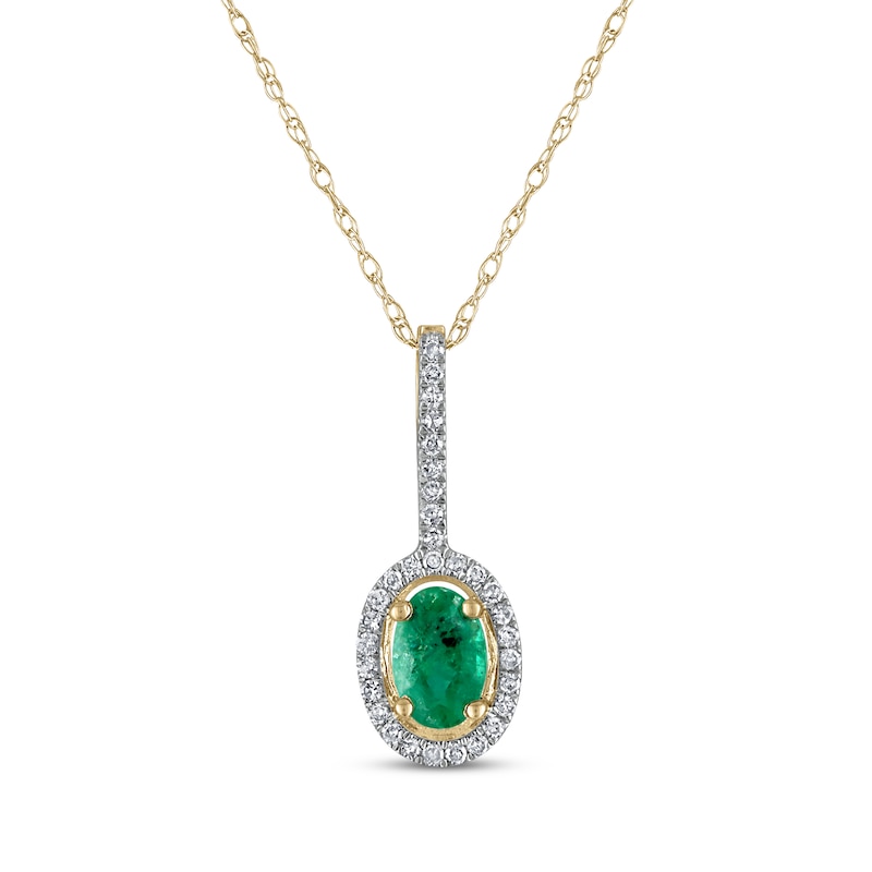 Main Image 1 of Oval-Cut Natural Emerald & Diamond Halo Drop Necklace 1/10 ct tw 10K Yellow Gold 18"
