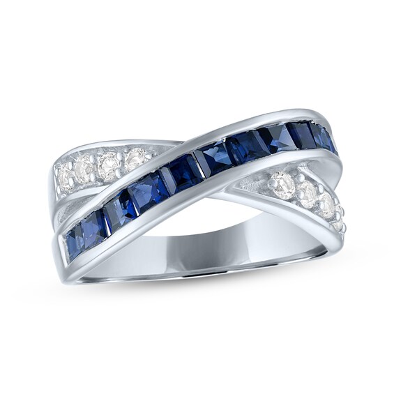 Square-Cut Blue Lab-Created Sapphire & Round-Cut White Lab-Created Sapphire Crossover Ring Sterling Silver