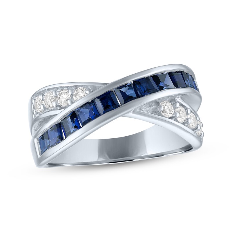 Main Image 1 of Square-Cut Blue Lab-Created Sapphire & Round-Cut White Lab-Created Sapphire Crossover Ring Sterling Silver