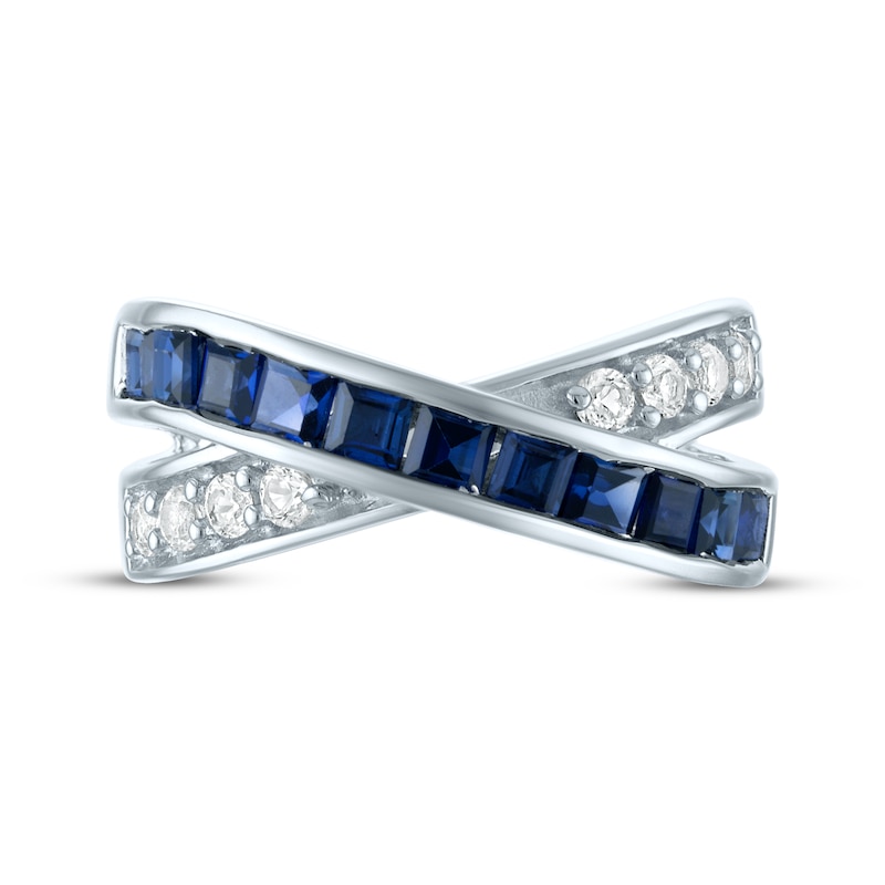 Main Image 3 of Square-Cut Blue Lab-Created Sapphire & Round-Cut White Lab-Created Sapphire Crossover Ring Sterling Silver