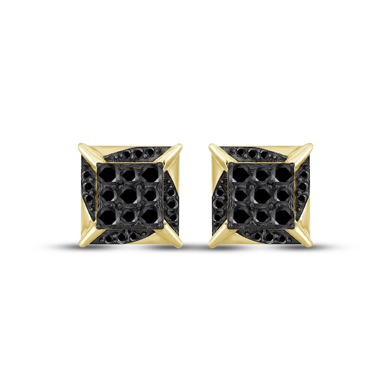 Main Image 2 of Men's Black Multi-Diamond Spike Stud Earrings 1/3 ct tw 10K Yellow Gold