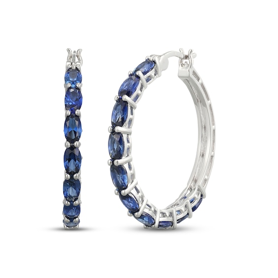 Oval-Cut Blue Lab-Created Sapphire Hoop Earrings Sterling Silver