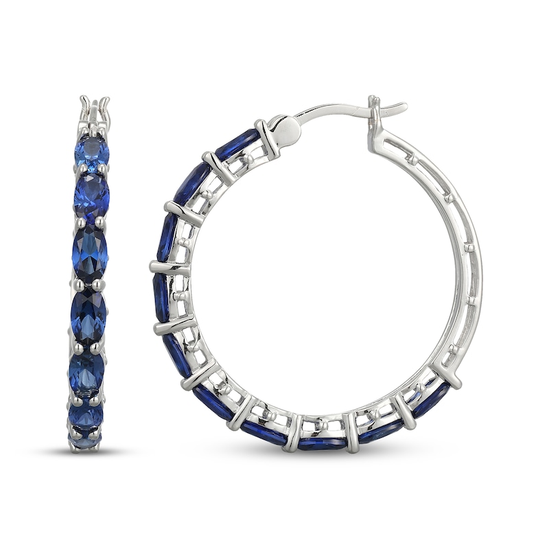 Main Image 3 of Oval-Cut Blue Lab-Created Sapphire Hoop Earrings Sterling Silver