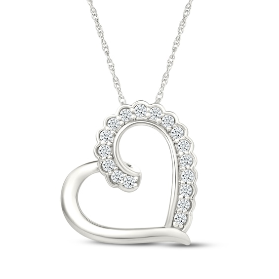 Diamond Tilted Scalloped-Edge Heart Necklace 1/5 ct tw Sterling Silver 18"