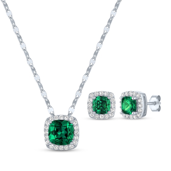 Cushion-Cut Lab-Created Emerald & White Lab-Created Sapphire Gift Set Sterling Silver