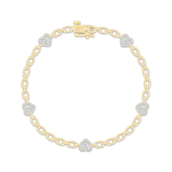 Diamond Heart Station Bracelet 1/3 ct tw 10K Yellow Gold 7"