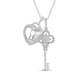Lab-Created Opal & White Lab-Created Sapphire Lock & Key Necklace Sterling Silver 18"