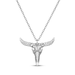 White Lab-Created Sapphire Bull Skull Necklace Sterling Silver 18"