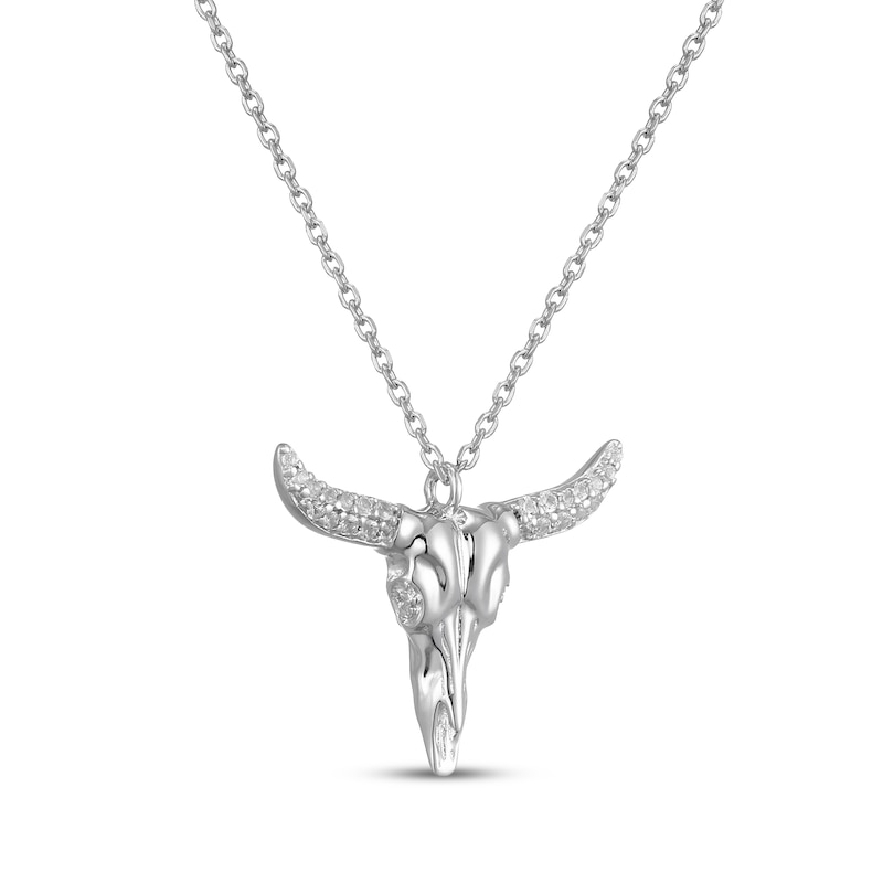 Main Image 2 of White Lab-Created Sapphire Bull Skull Necklace Sterling Silver 18"