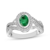 Thumbnail Image 1 of Oval-Cut Lab-Created Emerald & White Lab-Created Sapphire Halo Split Shank Ring Sterling Silver