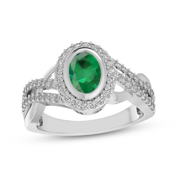 Oval-Cut Lab-Created Emerald & White Lab-Created Sapphire Halo Split Shank Ring Sterling Silver