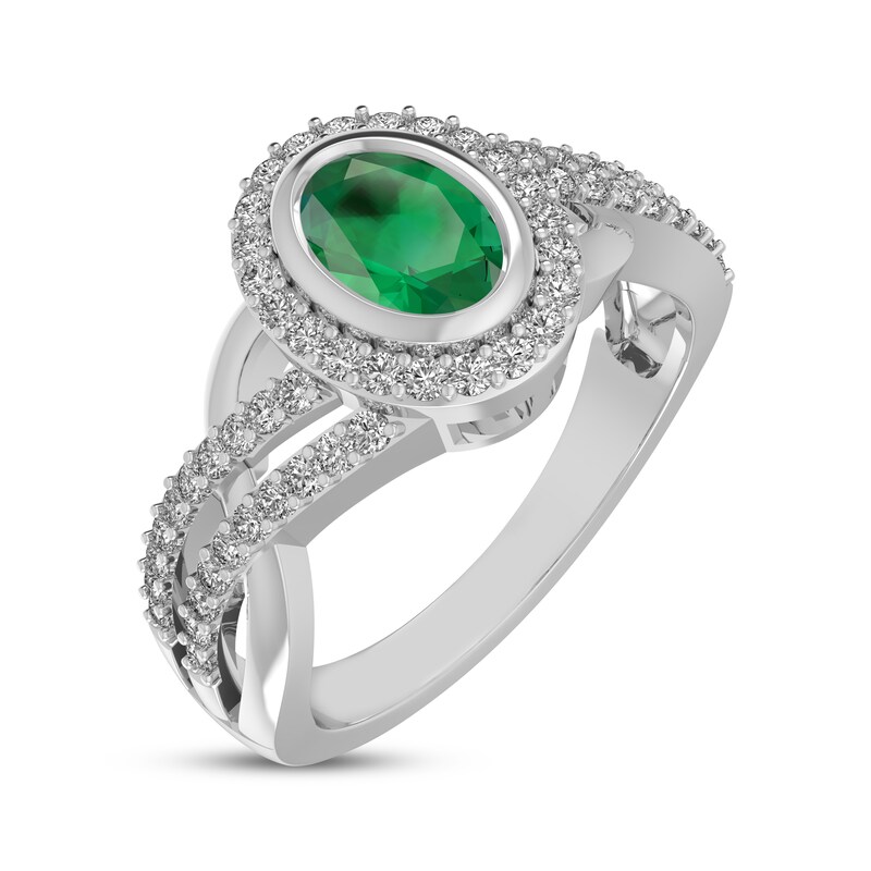 Main Image 2 of Oval-Cut Lab-Created Emerald & White Lab-Created Sapphire Halo Split Shank Ring Sterling Silver
