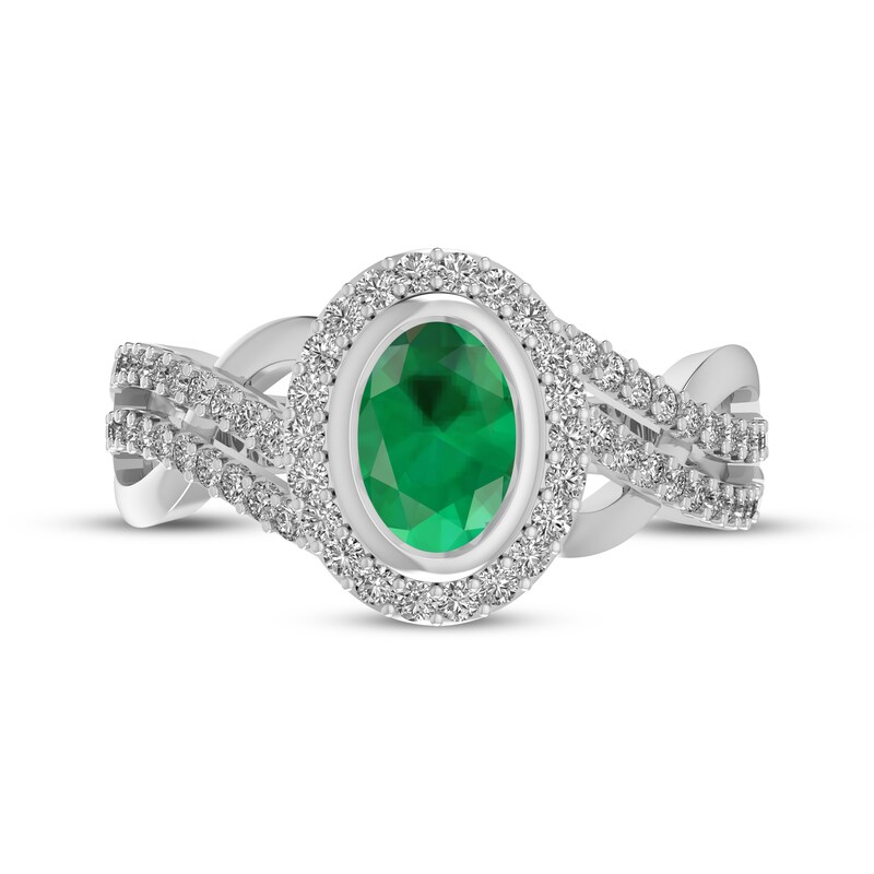 Main Image 3 of Oval-Cut Lab-Created Emerald & White Lab-Created Sapphire Halo Split Shank Ring Sterling Silver