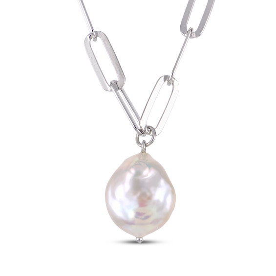 Baroque Cultured Pearl Paperclip Chain Necklace Sterling Silver 20"