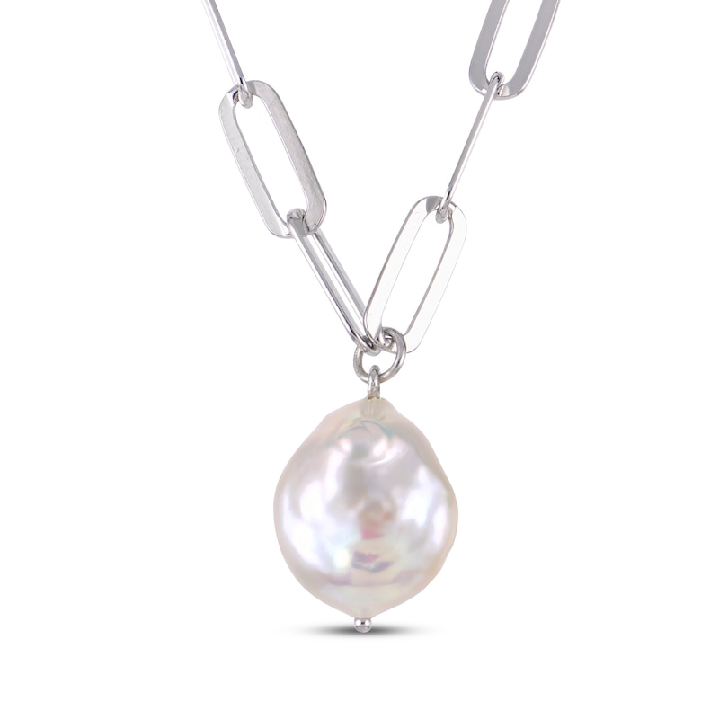 Main Image 1 of Baroque Cultured Pearl Paperclip Chain Necklace Sterling Silver 20"